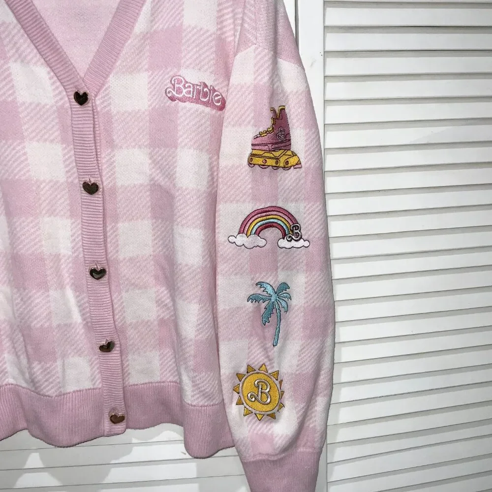 Her Universe Barbie Pink Gingham Patch Cardigan Size L - Picture 2 of 6
